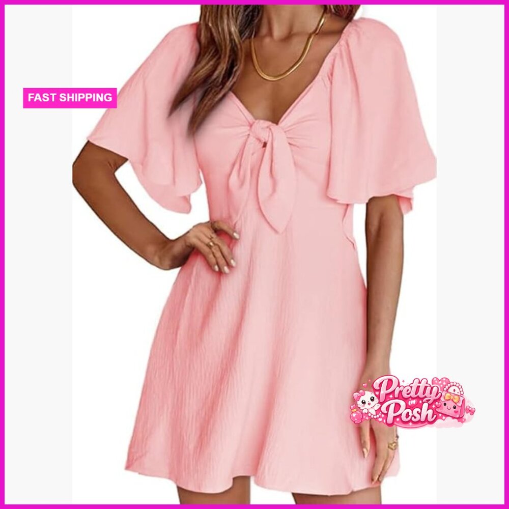 Deep V Neck Bow Tie Mini Dress With Ruffle Design, 100% Polyester